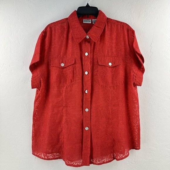 Chicos Camp Button Shirt Womens L‎ Burn out Semi Sheer Coral Red 2 Linen Blend - Picture 1 of 6